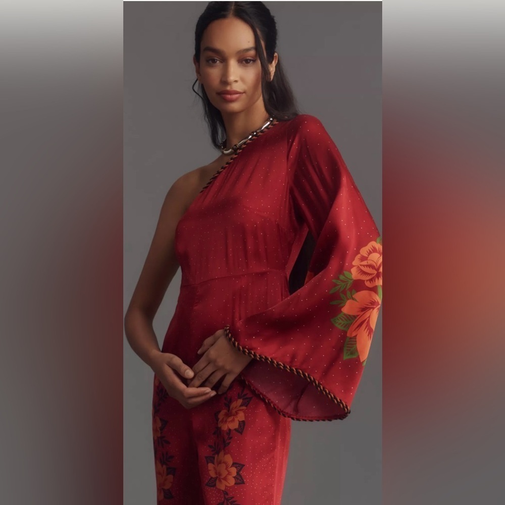 Nwt farm rio satin red floral jumpsuit M spring designer boho satin $300 evening - Picture 4 of 5